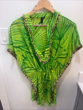 Victoria's Secret Bright Green Palm-Print Tunic with Leopard Trim